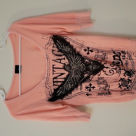 3/$30 DAYTRIP Y2k Peach Graphic Eagle Scoop Neck Short Sleeve Blouse - Picture 3 of 9